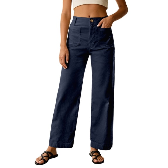 Yuhangmm Women's Pants Summer High Waist Straight Leg Button Wide Leg Pants For Casual Comfortable Trousers Navy XXL