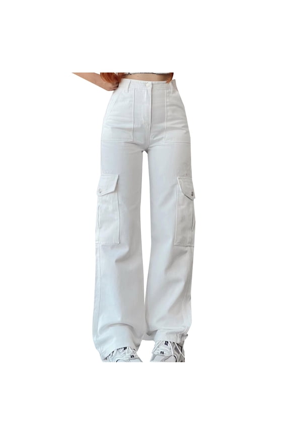 Women's Pants Women Casual Elastic Waist Cargo Trousers with Three Pockets Loose Fit Streetwear White S
