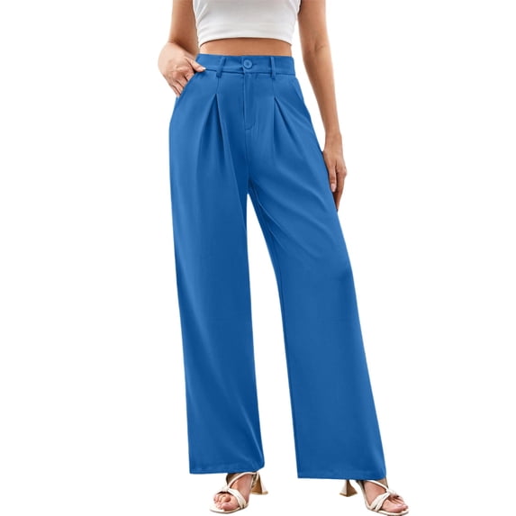 Yuhangmm Women's Pants Women Wide Leg Casual Pants High Waisted Stretchy Business Work Trousers Dressy Outfits with Pockets for Everyday Wear Sky Blue M