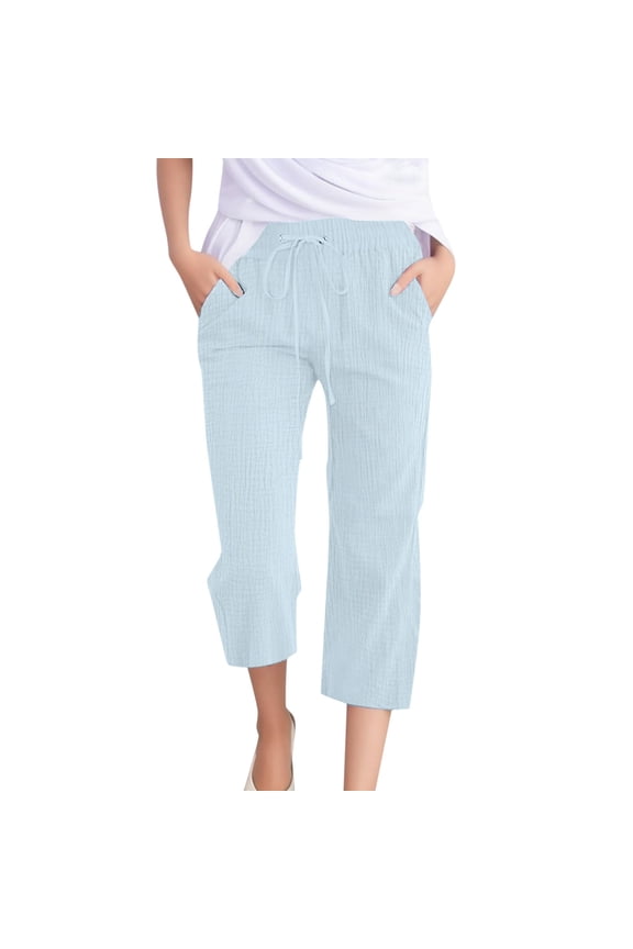 Women's Pants, Women's Casual Solid Weave Breathable 7/8 Pants with Elastic Waist Comfort and Versatile Styling Light Blue M