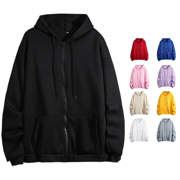 Yuhangmm Women's Sweatshirt Winter Warm Fashion Long Sleeve Loose Solid Color Hooded Zipper Pocket Sweatershirt Coat for Cold Days Black XL