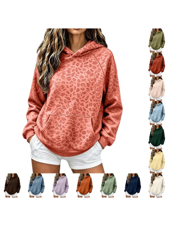 Women's Sweatshirts Fashion Leopard Print Pullover Casual Loose Fit Hooded for Streetwear Orange S