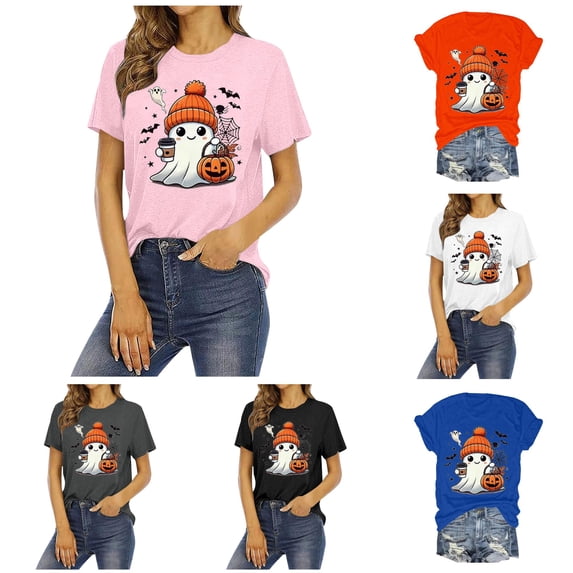 Yuhangmm Womens Halloween Shirts Halloween Tee Casual Short Sleeve Crew Neck Top Holiday Party Outfit with Spooky Graphic Pink M
