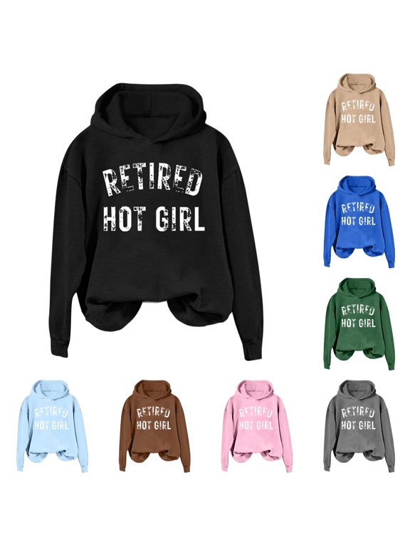 Womens Hoodies Pullover Female Winter Retirement Hot Girl T Shirt Lightweight Pullover Vintage Print Hoodie for Casual Style Black L