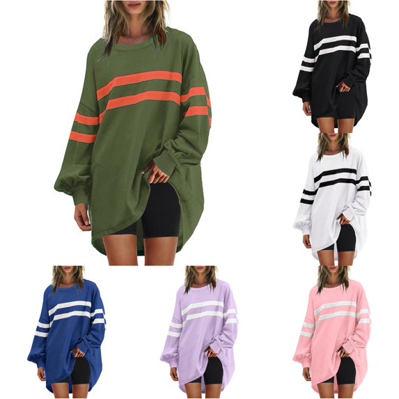Yuhangmm Womens Hoodies Pullover Womens Oversized Striped Sweatshirt Long Sleeve Crew Neck Casual Pullover Tunic Tops with Cozy Warm Material Army Green M