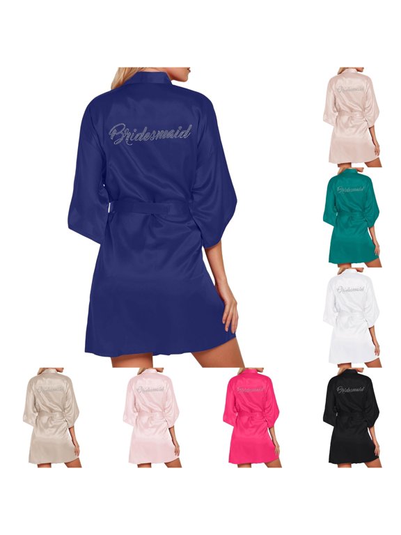 Womens Pjs Wedding Party Team Bride Robe Letters Kimono Satin Pyjamas Bridesmaid Bathrobe NavyOne Size