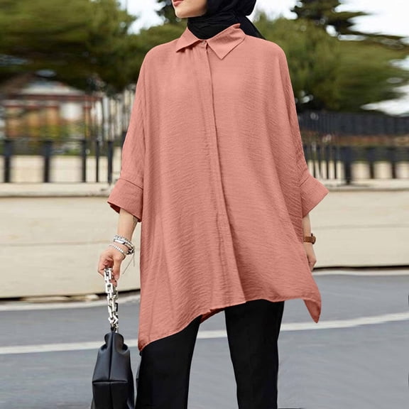 Yuhangmm Womens Shirts Casual Women's Long Sleeve Button Down Abaya Casual Shirt for Women - - Everyday Wear Elegant Clothing Breathable Everyday Top Pink XXXXXL