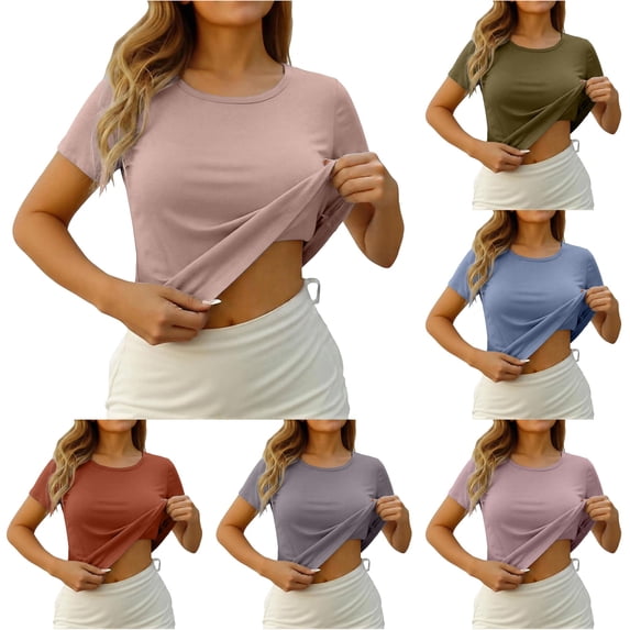 Yuhangmm Womens T Shirts, Built In Bra Camisole Top Seamless Comfort Stretch Short Sleeve Shirt Athletic T Shirt Women Khaki L