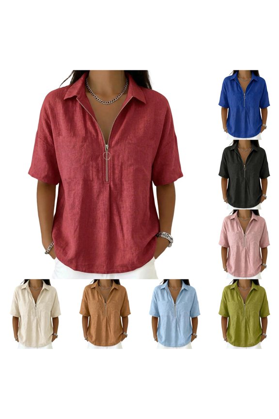 Womens T Shirts, Casual Short Sleeve Blouse Solid Blend Summer Top Zip Front Collared Tee Shirt Lightweight Fashion Pullover Womens T Shirts for Summer Red XL