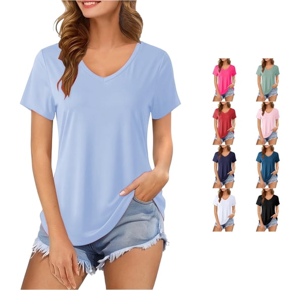 Yuhangmm Womens T Shirts, Casual Short Sleeve T Shirt With Crew Neck Solid Color Loose Fit Tee Shirt Curved Everyday Basic Top Shirt Women Cold Gear Light Blue L