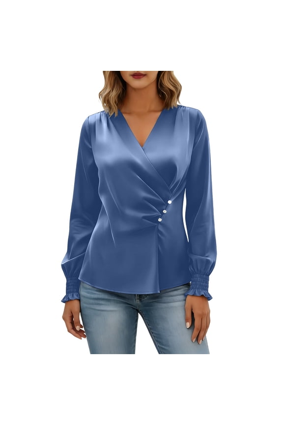 Womens T Shirts, Elegant Plus Size Satin Blouse Long Sleeve Shirt For Fashion Designer Tunic Top Blue S