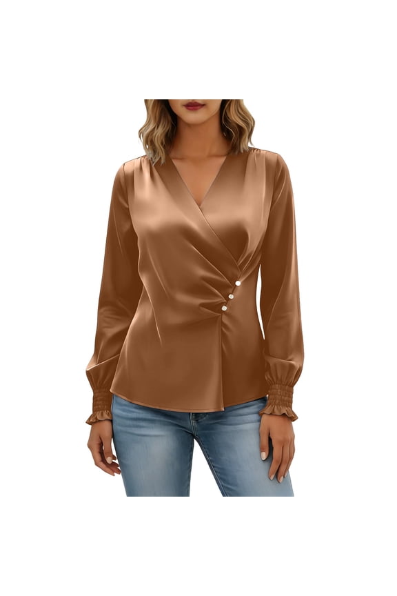Womens T Shirts, Elegant Plus Size Satin Blouse Long Sleeve Shirt For Fashion Designer Tunic Top Brown S