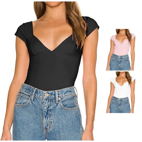Yuhangmm Womens T Shirts, Elegant Women's V Neck T Shirt Solid Color Figure Hugging Casual Top Tatte Top Black S