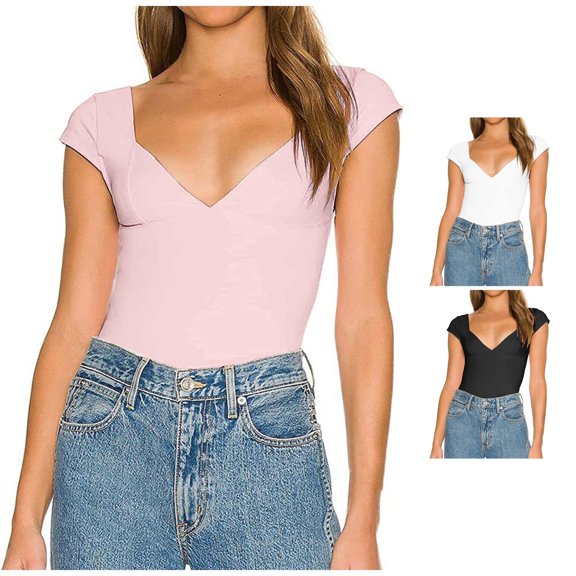 Yuhangmm Womens T Shirts, Elegant Women's V Neck T Shirt Solid Color Figure Hugging Casual Top Tatte Top Pink M