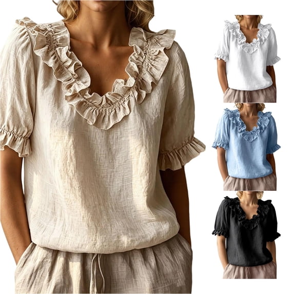 Yuhangmm Womens T Shirts, Fashion Casual Ruffled Collar Blouse Shirt Top Tunic Tee Lightweight Comfortable Casual Women Summer Beige XL