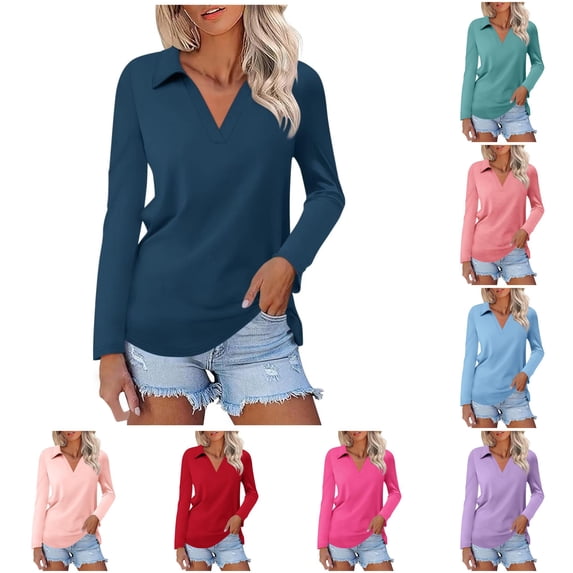 Yuhangmm Womens T Shirts, Women's Solid Color Long Sleeve Lapel V Neck Solid Color Top T Shirt 2 Long Sleeve Tee Shirt Navy M