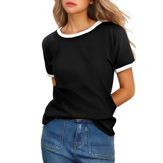 Yuhangmm Womens T Shirts, Women's Solid Crew Neck Short Sleeve Tee With Contrast Trim Casual Top Black L