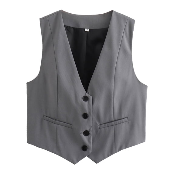 Yuhangmm Womens Vests Lightweight, Elegant Cropped Vest Dressy Outerwear for Women with Button-Down Neckline Smart Casual Sleeveless Jacket Dark Gray S