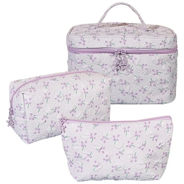 Yuhsdv 3Pcs Floral Makeup Bag Portable Cosmetic Pouch Outdoor Travel Bag (Purple)