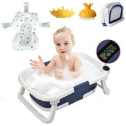 Yuhuan Collapsible Baby Bathtub Portable Foldable Baby Bath Tubs with Cushion & Thermometer & Bath Cap and Shampoo Brush for Infants to Toddler,Blue