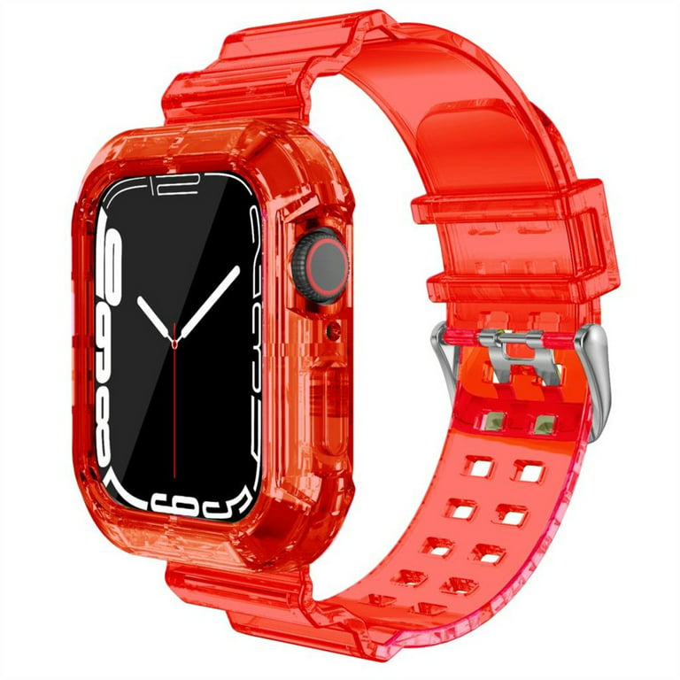 Soft Silicone Watchband, Transparent Sports Band Strap Bumper Case  Compatible with Apple Watch Bands Series SE 5 4 3 2 1 Protective Cases,  Red, 44mm