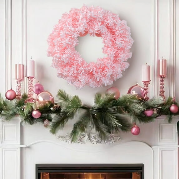 YujiCraft 12Inches Artificial Christmas Wreath, Pink Cherry Blossom and White Floral Wreath for Door and Window Decor, Faux Wreath for Christmas Ornaments and Home Decoration