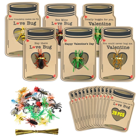 YujiCraft 24 Pack Valentines Day Cards for Kids, Love Animal Card with 6 Different Insect Toys, School Classroom Exchange Party Favors,B