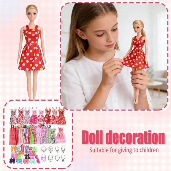 YujiCraft 32-Piece Doll Clothing Accessory Set for 12-Inch Dolls, 10 Clothes 10 Shoes 6 Necklaces 6 Crowns, Random