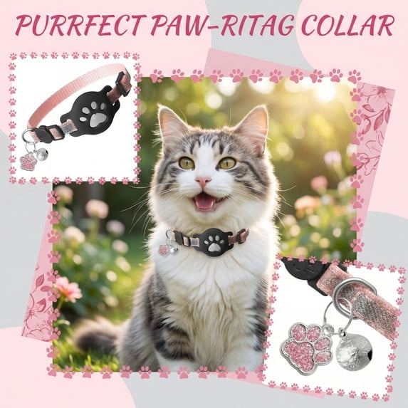 YujiCraft AirTag Cat Collar with Holder Compatible with Apple AirTag, Reflective Safety Breakaway Collar with Bell for Cats, Adjustable Kitten Collar (AirTag Not Included),Pink