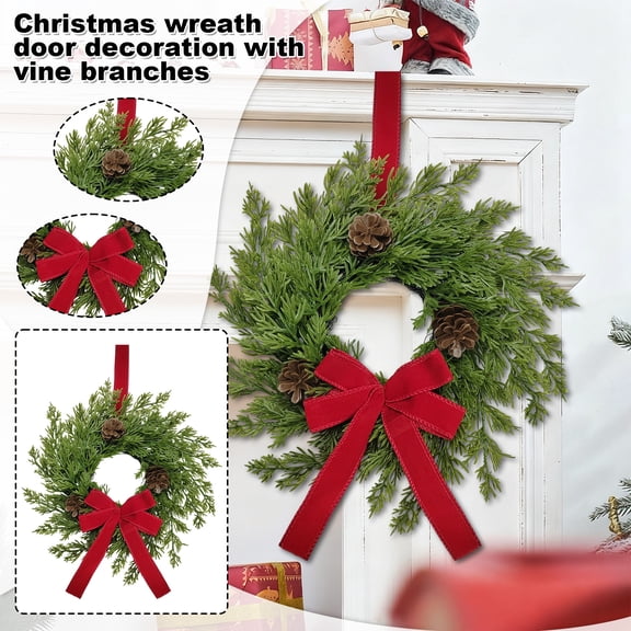 YujiCraft Artificial Christmas Wreaths,12 Inch Pre-Lit Artificial Christmas Wreath with Red Bow, Cones and Red Berries, 3D Garland for Front Door Decoration and Holiday Home Decor,B