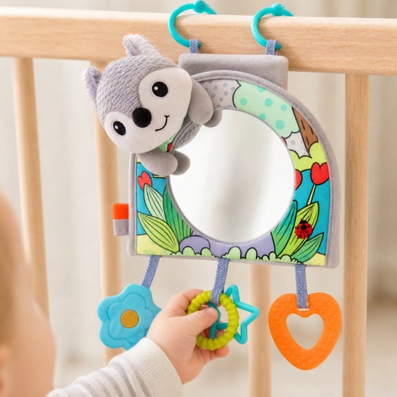 YujiCraft Baby Car Mirror Toy, Hanging Strap Infant Backseat Soother, Grey Fox