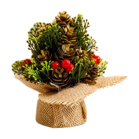 SugarBloom Christmas Mini Tabletop Decor - 5.11In Artificial Pine Arrangement with Red Berries, Pinecones & Burlap Wrapping, Festive Desktop Ornament for Holiday Decor,C