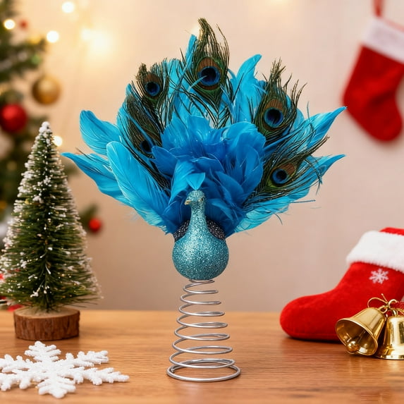 YujiCraft Christmas Tree Topper, 12-Inch Peacock Ornament with Faux Feather Glitter Blue Embellishments for Indoor and Outdoor Christmas Tree Decor, Holiday Home Decoration and Festive Ornaments,