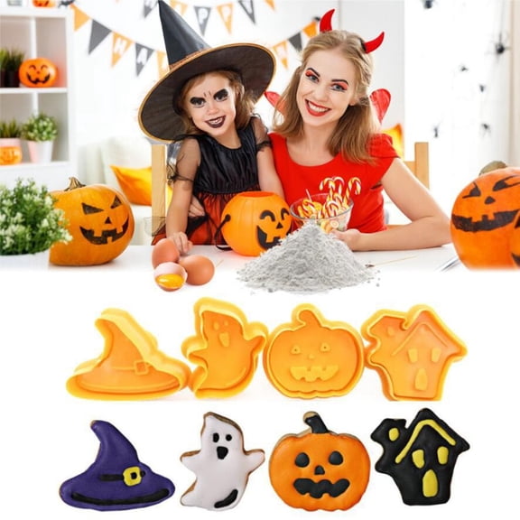 YujiCraft Four 3D Cartoon Cookie Molds Set, Halloween Fondant and Spring Themed Cookie Cutters for Baking,Orange