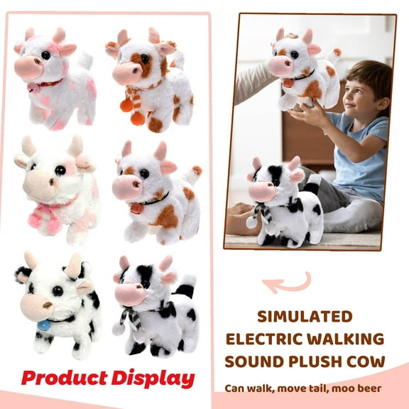 YujiCraft Simulation Electric Walking Sound Plush Cow, Realistic Moving Stuffed Animal Toy without Batteries,A