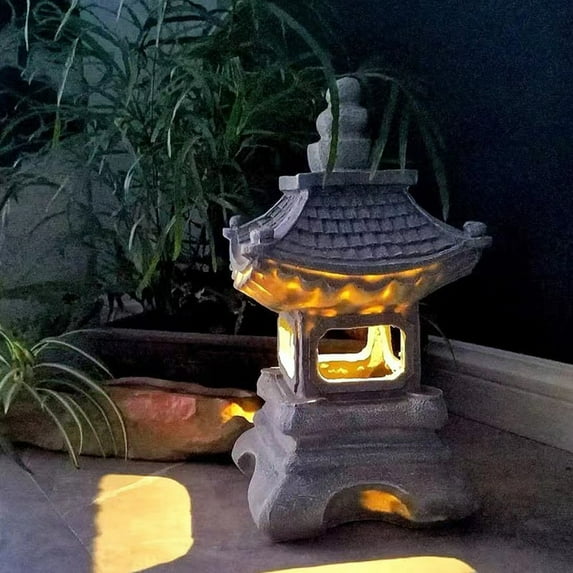 YujiCraft Solar Stone Pagoda Lantern Resin Buddha Garden Sculpture Light for Courtyard Zen Decor,White