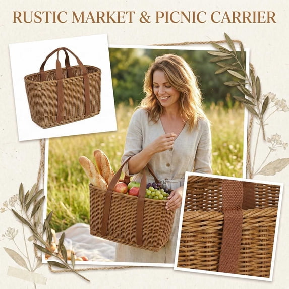 YujiCraft Storage Basket, Large Wicker Fruit Basket, 15" x 9.1" x 8.7" Opening, Supermarket Shopping Basket, Picnic Basket with Handles, Rustic Home Storage