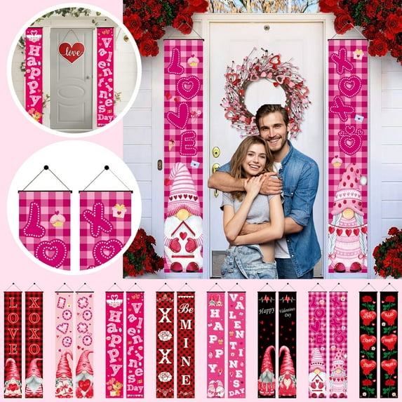 YujiCraft Valentine's Day Door Banner "Happy Valentine's Day", Hanging Flag Decor, Couplet Style Holiday Decoration for Home, Party,A