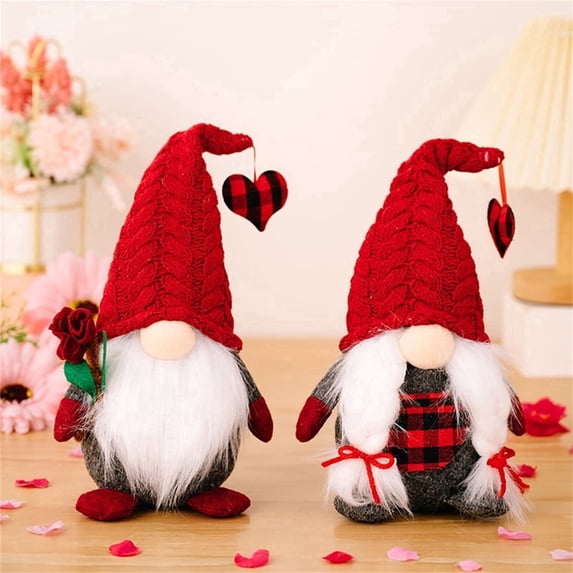 YujiCraft Valentines Day Gnomes Plush Ornaments, Handmade Red Knit Hat Doll Couple Decor, Party Supplies,A