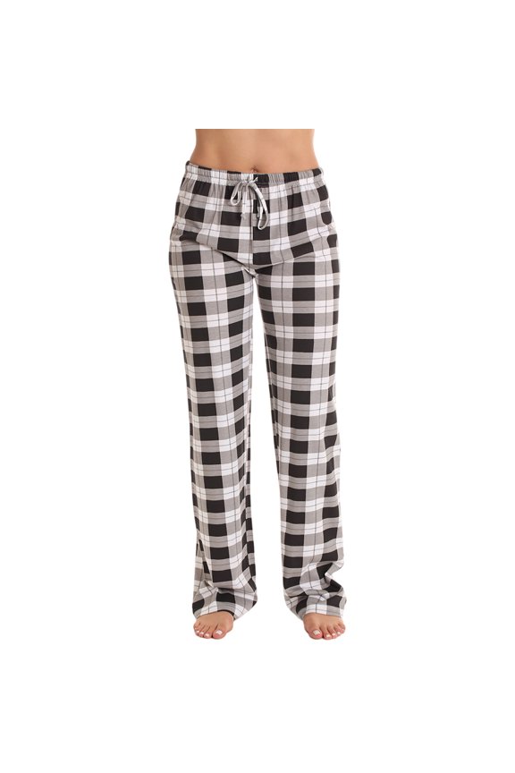 YujiCraft Women's Classic Plaid Home Casual Loose Pants, Elastic Waist Lounge Trousers for Women,2XL