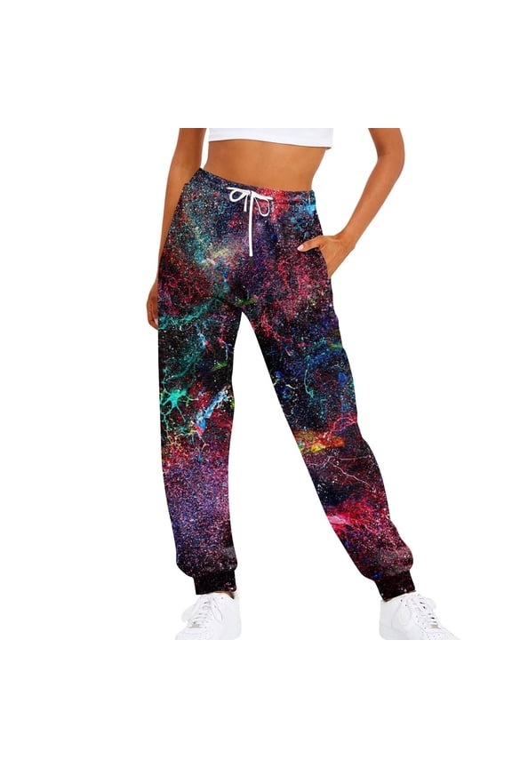 YujiCraft Women's Color-Matching Tie-Dye Print Casual Drawstring Elastic Waist Pants, Bohemian Style Joggers,M