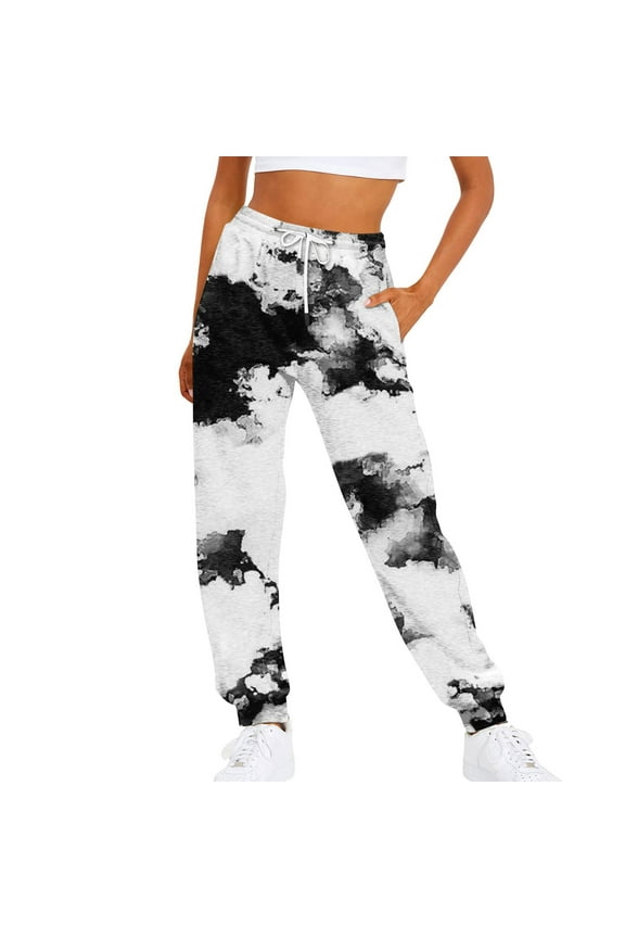 YujiCraft Women's Color-Matching Tie-Dye Print Casual Drawstring Elastic Waist Pants, Bohemian Style Joggers,S