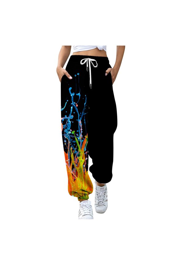 YujiCraft Women's Fashion Digital Color Printing Casual Sports Pants, Elastic Waist Joggers with Tapered Leg,2XL