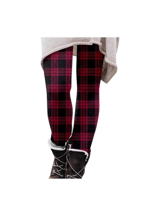 YujiCraft Women's Fashion Plaid Print High-Strength Elastic Belly Soft Leggings Pants, Stretchy Tummy Control Workout Yoga Pants,M