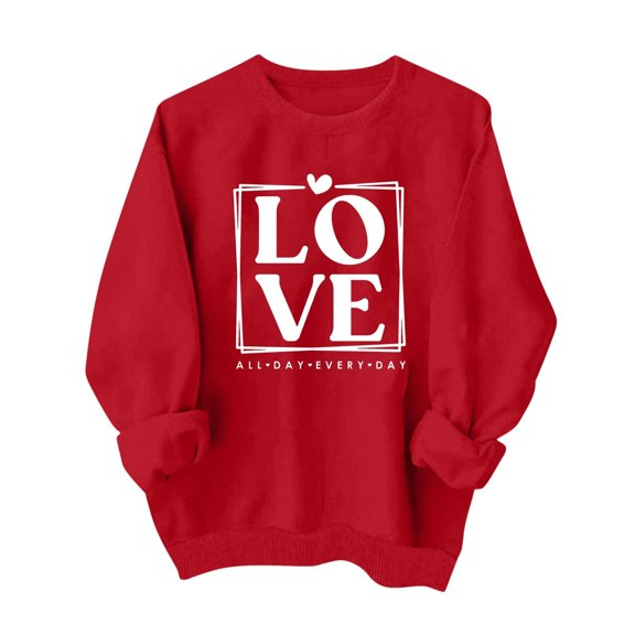 YujiCraft Women's Fashion Valentine Print Long Sleeve Relaxed Fit Round Neck Sweatshirt,S