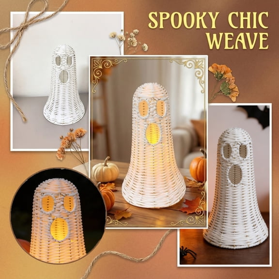 Yujia 12-Inch Halloween Woven Ghost Figurine, Rustic Rattan Table Decor, Handmade Spooky Home Ornament, Farmhouse Fall Seasonal Centerpiece for Shelf, Mantel and Entryway