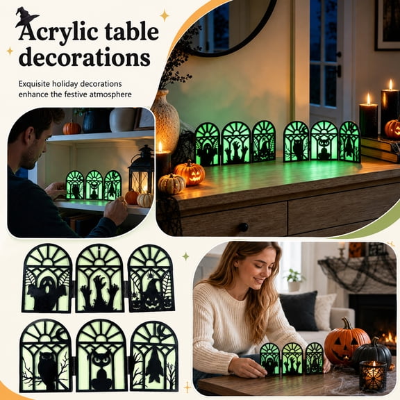 Yujia 2 Pcs Halloween 3-Fold Luminous Window Silhouette Decor, Luminous Arch Tabletop Centerpiece, Glow in Dark Ghost Cat Owl Panel for Indoor Party, Seasonal Tabletop Tiered Tray Ornament for Home