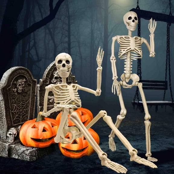 Yujia 2pcs Halloween Skeleton Decor, Poseable Human Bone Figure for Yard, Garden, Haunted House Display, Durable PVC Material, Realistic Anatomy for Seasonal Party Ornament, 35.4 inch