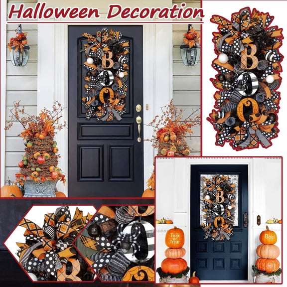 Yujia 3D Halloween Swag Wreath, 20 inch Boo Door Hanger with Spider, Handmade Fall Decor for Front Door, Wall, Indoor Outdoor Holiday Ornament, Home Garden Decoration