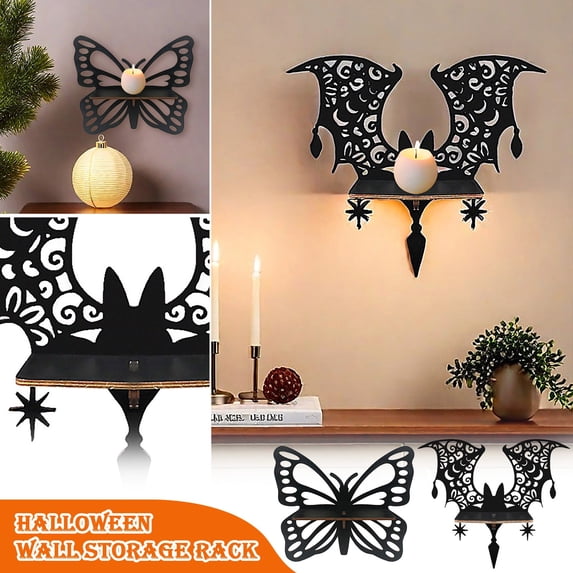 Yujia Halloween Butterfly Wooden Hollow Wall Shelf, Bohemian Floating Corner Storage Rack for Crystal Display and Small Plants, Rustic Gothic Wall Decor Accessories for Home